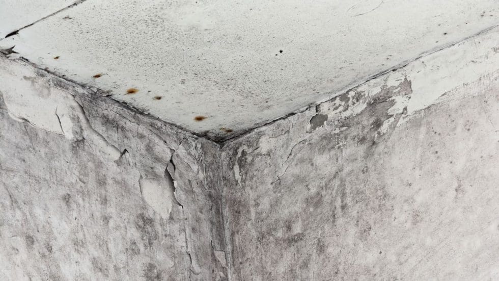 Peeling Paint And Mold Damage On Concrete Wall