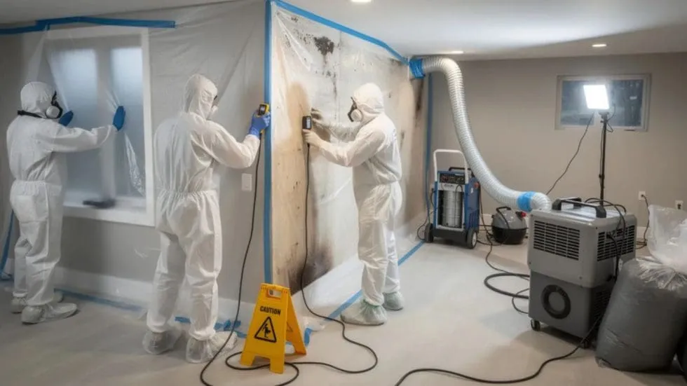 Professional Mold Remediation Crew Sealing Room
