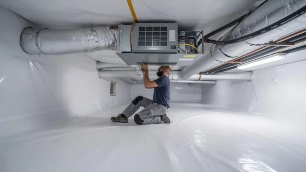 Technician Installing Dehumidifier In Encapsulated Crawl Space